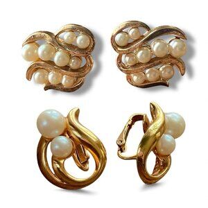 Vintage Avon Trifari Earring Lot of 2 Pairs Gold Tone Faux Pearl Clip On Classic